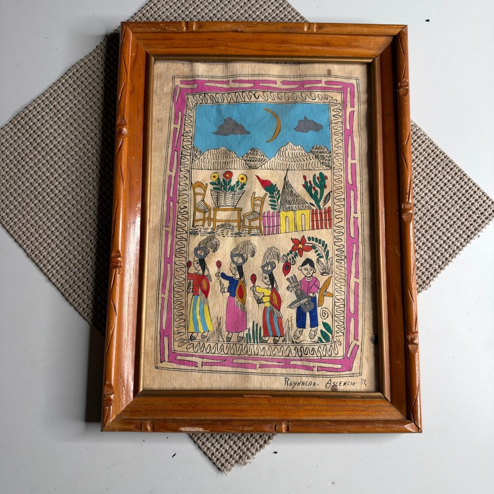 Reynaldo Ascencio R Mexican Folk Art Amate Bark Painting Framed Village Scene